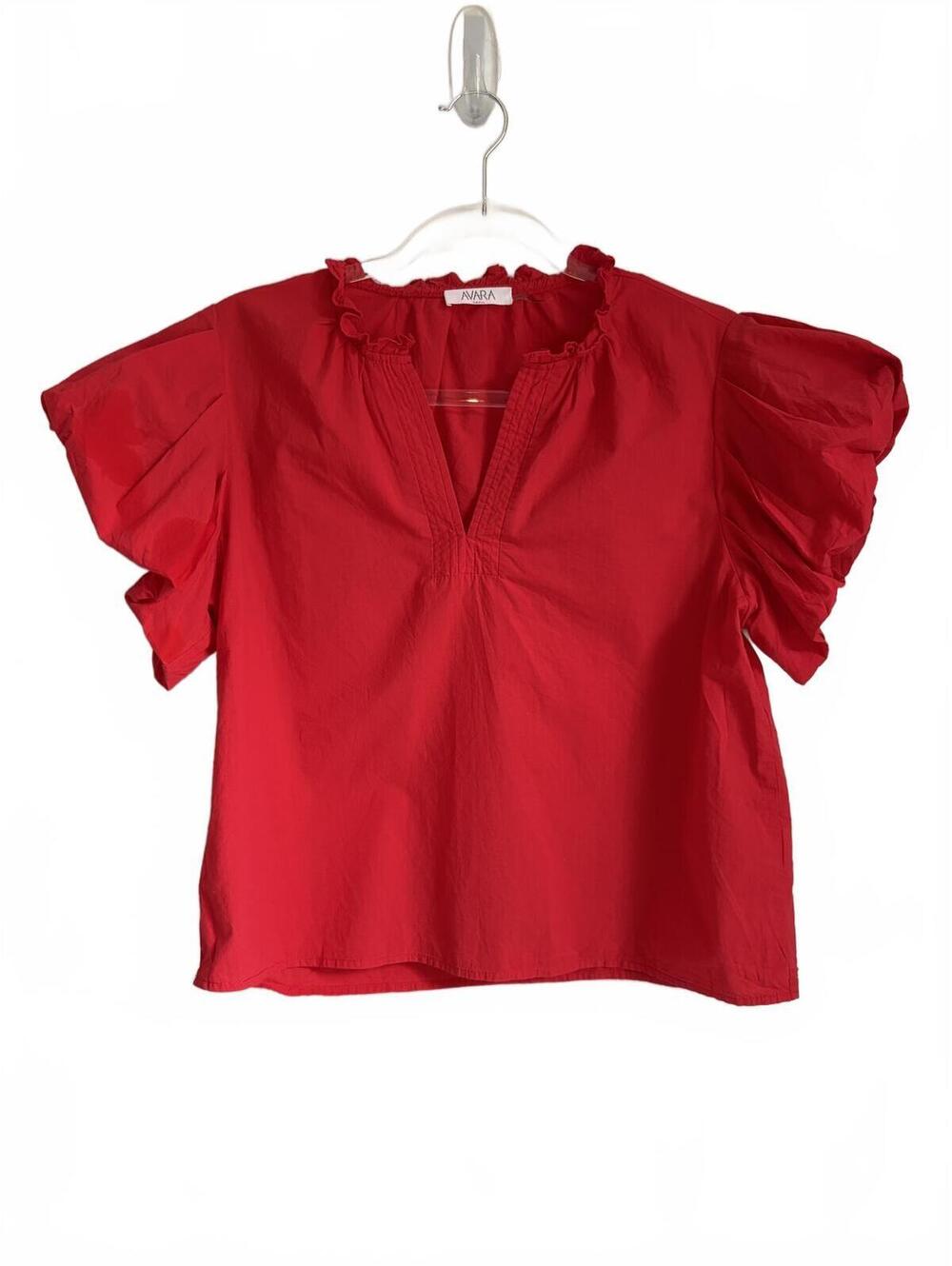 Avara | Short Sleeve Cropped Red Puff Sleeve V Neck Shirt Oversized Size S